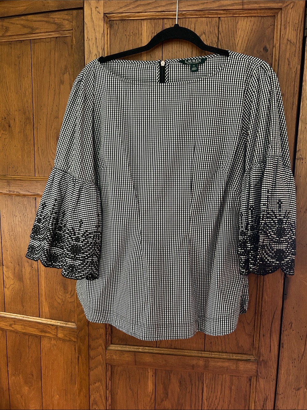 Lauren Ralph Lauren Black & White Gingham Bell Sleeve Blouse